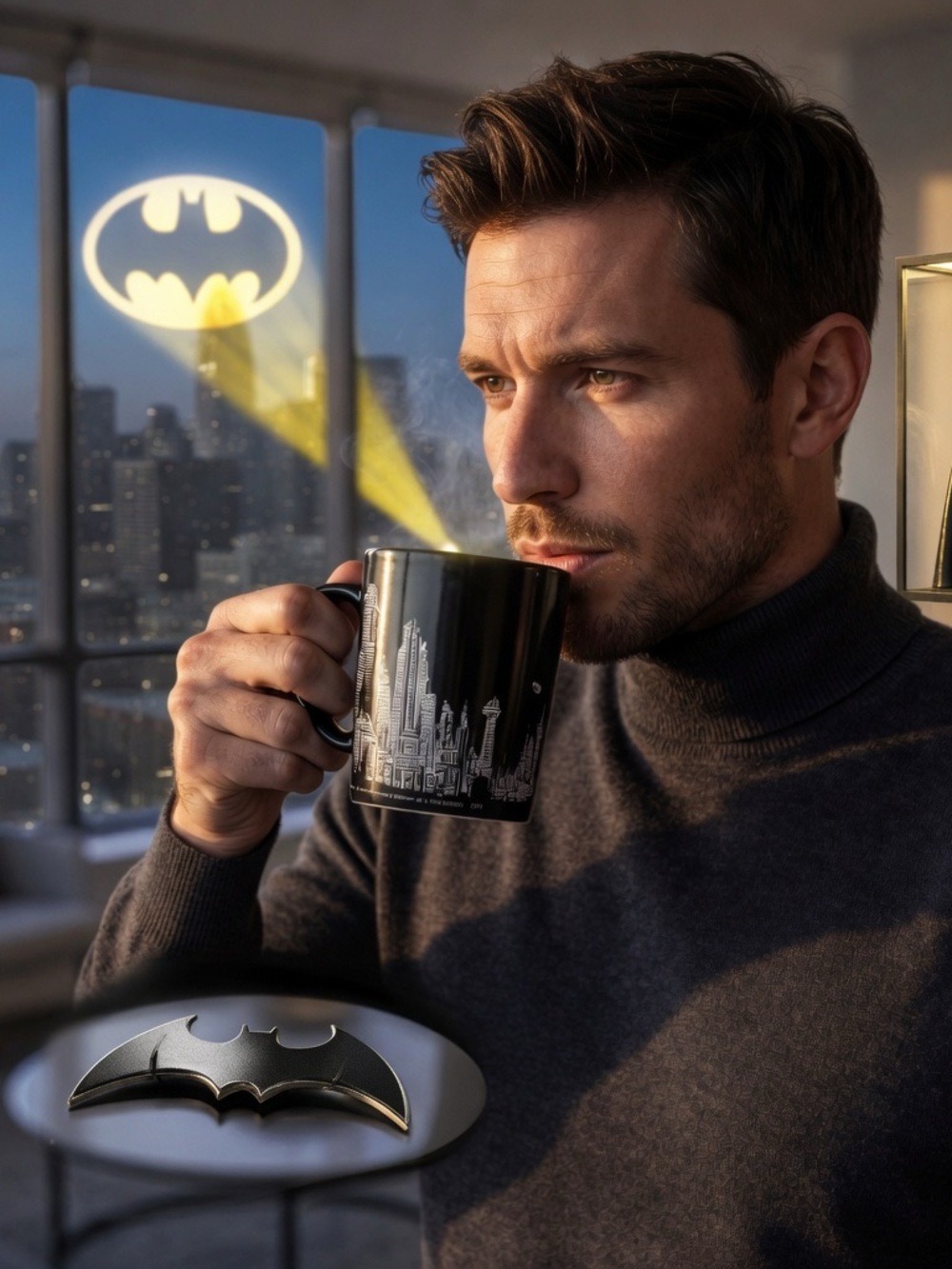 Black Batman Logo Color Changing Coffee Mug - Gotham Skyline Design